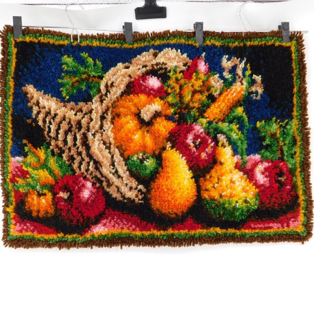 Cornucopia Latch Hook Rug Wall Hanging Complete Country Harvest Vintage 30"x20"